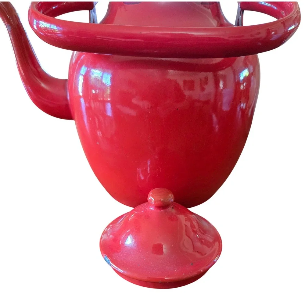 Vintage Emo Celje Red Enamel Teapot Yugoslavia Retro Mid Century Retro, Stamped